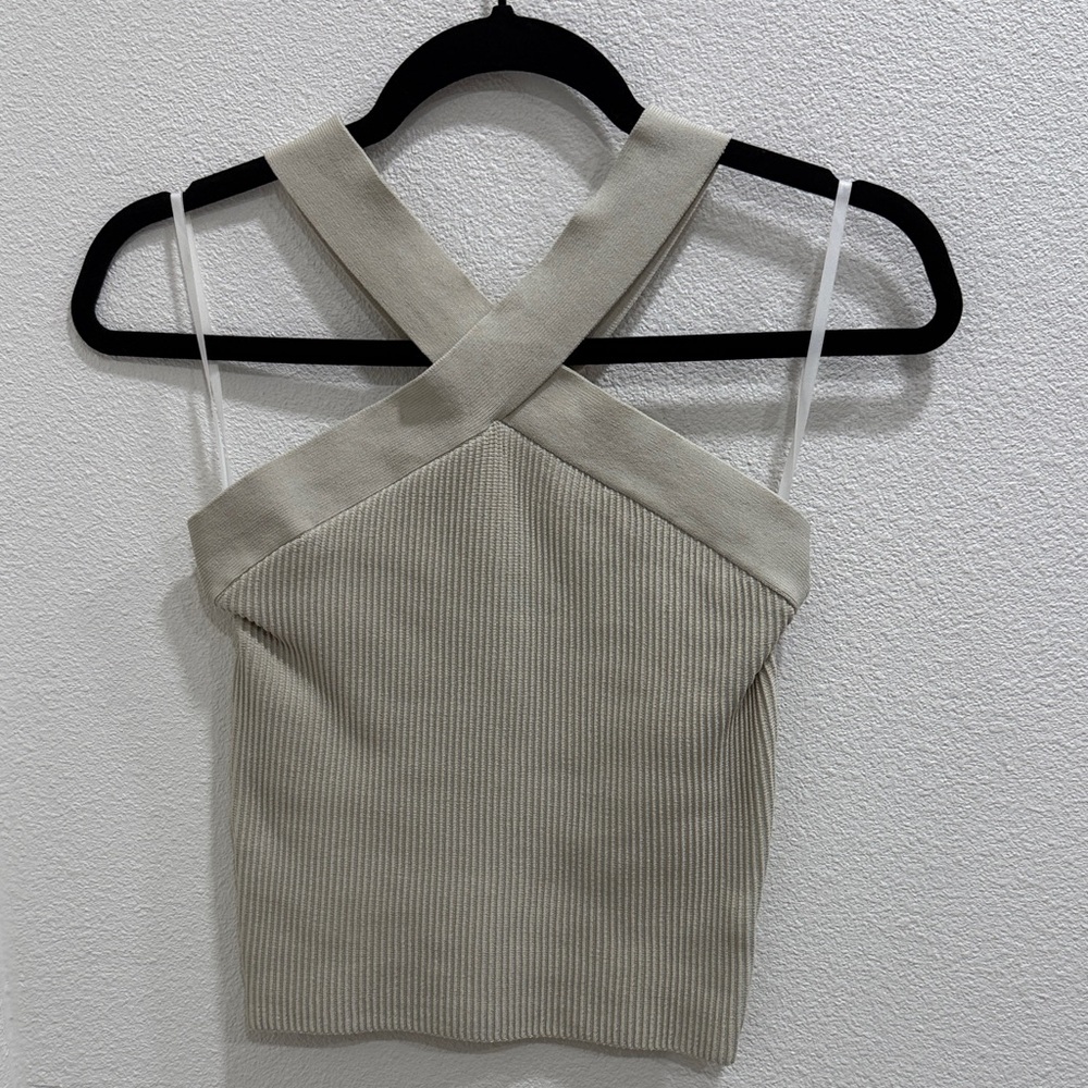 Aritzia Beige Ribbed Cross-Strap Crop Top